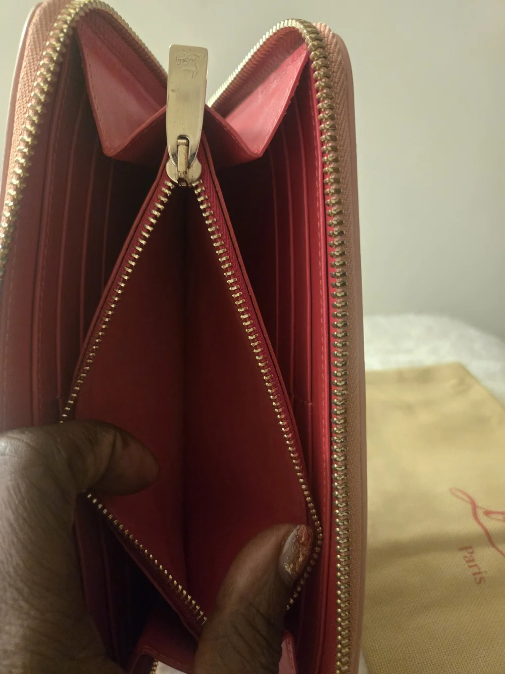 Christian Louboutin Blush Pink Studded Zip-Around Wallet with Gold Spikes